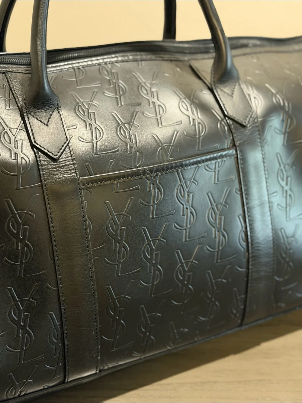 Saint Laurent YSL Black Embossed Leather Duffel Bag